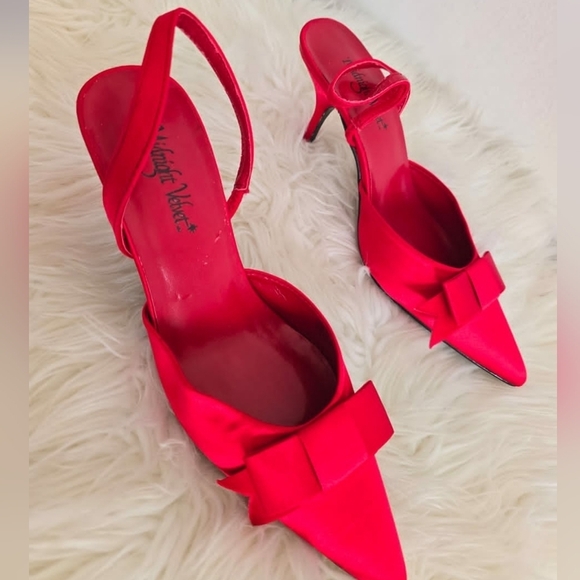 Midnight Velvet Slingback Pointed Toe Bow Red Kitten Heel Shoe. Women's Sz 7W🌴 - Picture 2 of 9